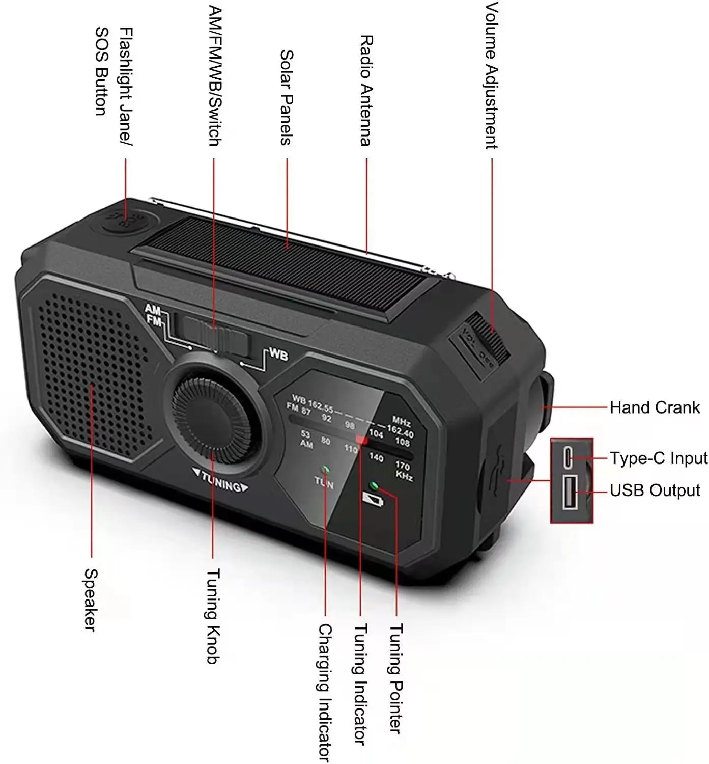 Draagbare zonne-radio met handdynamo.
