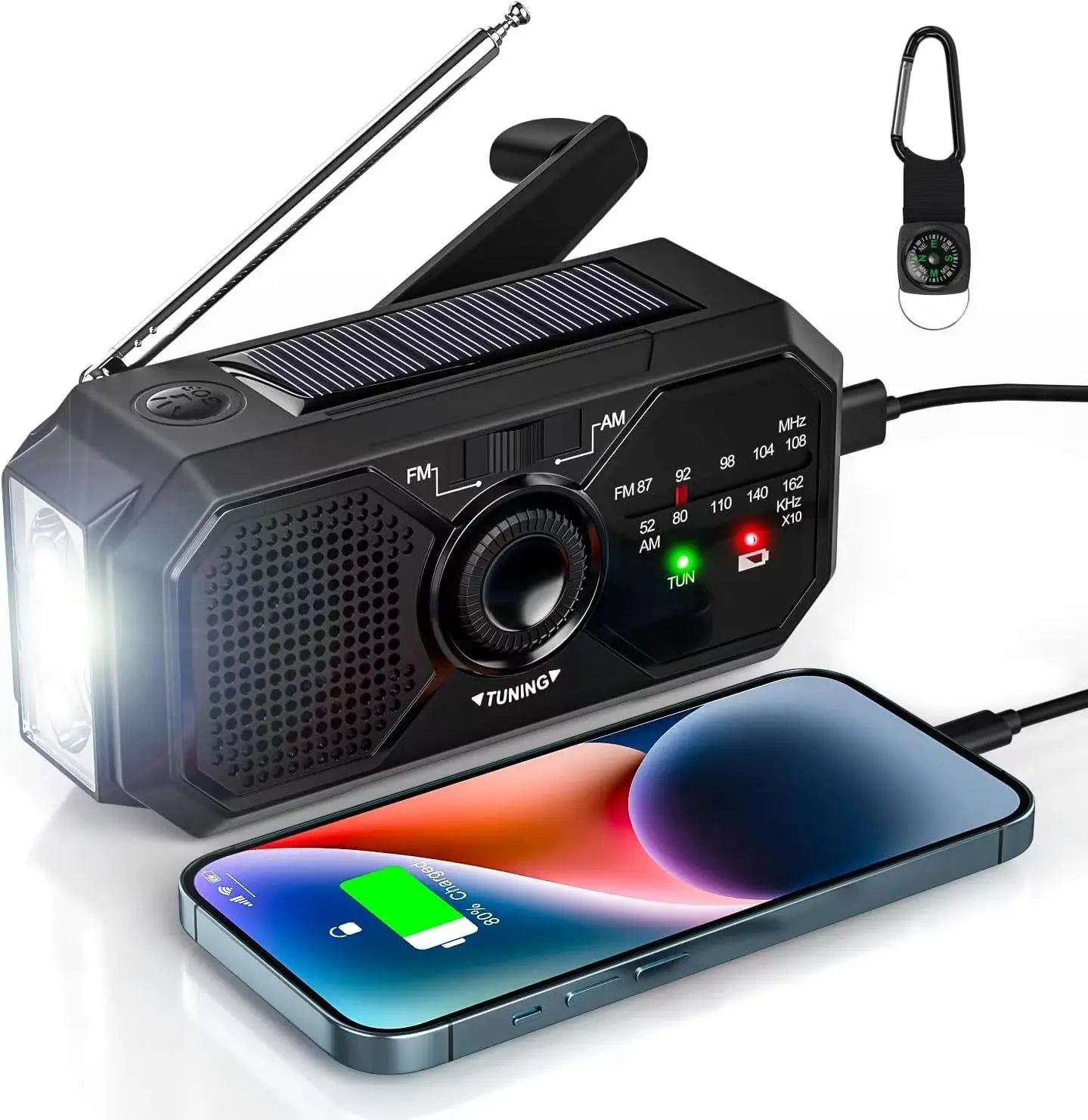 Draagbare zonne-radio met handdynamo.